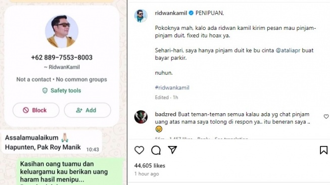 Mantan Gubernur Jakarta Ridwan Kamil (RK) memastikan tidak pernah meminjam uang ke warga. (tangkap layar).