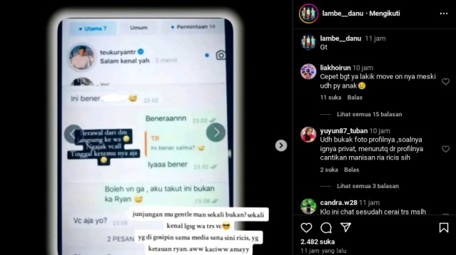 Tangkapan layar Teuku Ryan diduga mulai PDKT ke selebgram. (Instagram/@lambe__danu)