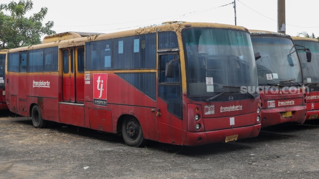 Bus Transjakarta yang terbengkalai terparkir di kawasan Terminal Pulogebang, Jakarta Timur, Selasa (11/6/2024). [Suara.com/Alfian Winanto]
