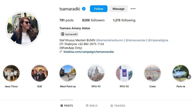 Jadi Komisaris PTPN Sejak 2023, Tsamara Amany Cuma Cantumkan Ini di Bio IG, Masih Malu-malu? [Tangkap layar Instagram]