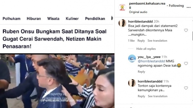 warganet seret nama Maia Estianty sebagai pemicu keretakan rumah tangga Ruben Onsu dan Sarwendah (Instagram/@pembasmi.kehaluan.reall)