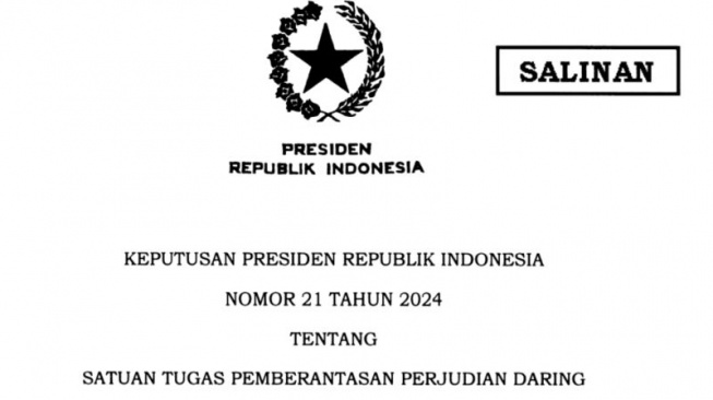  Salinan Keputusan Presiden (Keppres) Nomor 21 Tahun 2024 tentang Satuan Tugas Pemberantasan Perjudian Daring yang terbit di Jakarta 14 Juni 2024. (ANTARA/Andi Firdaus)