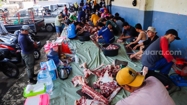 Aktivitas pekerja di Rumah Pemotongan Hewan (RPH) Perumda Dharma Jaya, Jakarta, Senin (17/6/2024). [Suara.com/Alfian Winanto]
