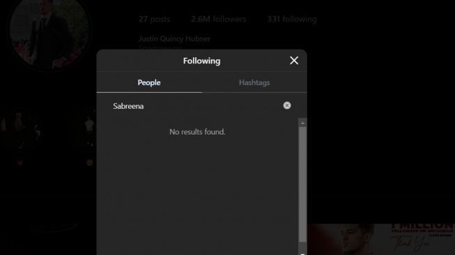 Bek Timnas Indonesia, Justin Hubner terlihat sudah tak lagi mem-follow akun Instagram Sabreena Dressler. [Dok. tangkapan layar IG Justin Hubner]