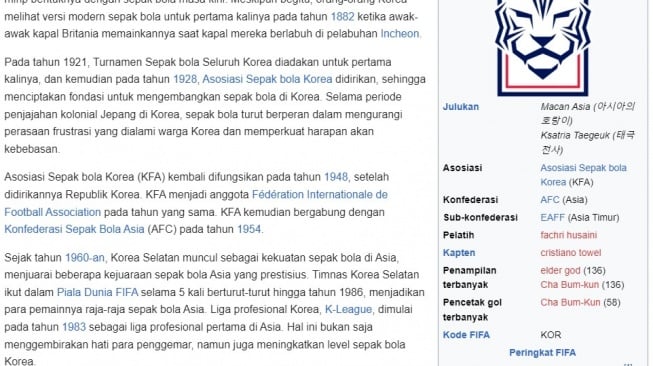 Entah siapa yang iseng, halaman Wikipedia Timnas Korea Selatan memunculkan nama Fakhri Husaini sebagai pelatih kepala. [Wikipedia]