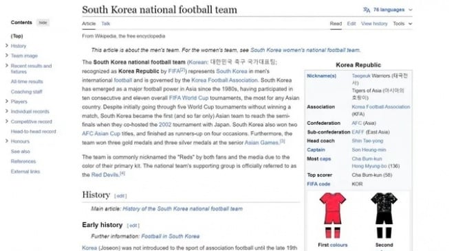 Wikipedia berbahasa Inggris tentang Timnas Korea Selatan baru-baru ini mengubah nama pelatih kepala menjadi Shin Tae-yong. (Wikipedia)