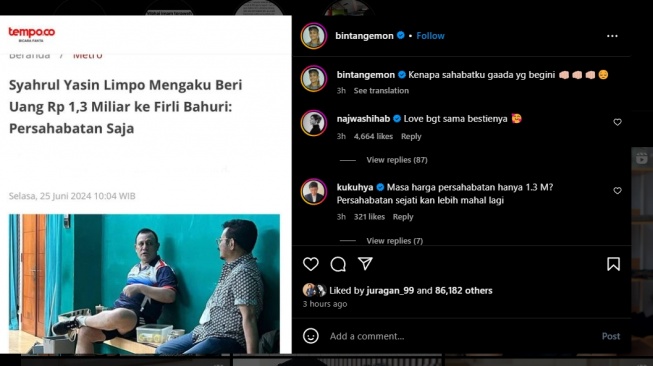 Bintang Emon mengomentari berita soal Syahrul Yasin Limpo. [Instagram]