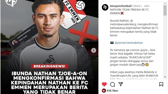 akun Instagram @bloopersfootball membocorkan direct message dengan ibunda Nathan @melindawoudenberg, yang mengkonfirmasi bahwasanya kepindahan Nathan ke FC Emmen merupakan berita yang tidak benar. [Instagram @bloopersfootball]