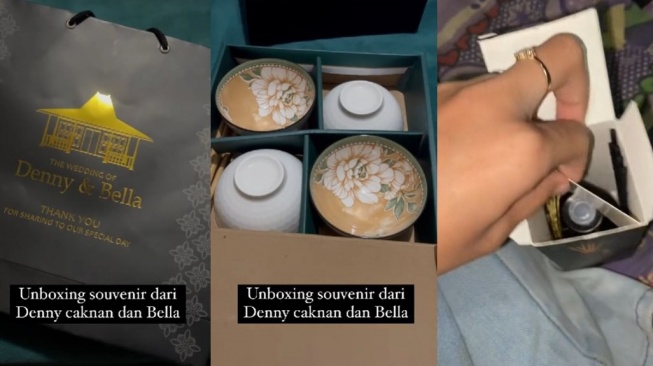 Macam-macam souvenir pernikahan Denny Caknan. (TikTok/martatrioo/saddges)