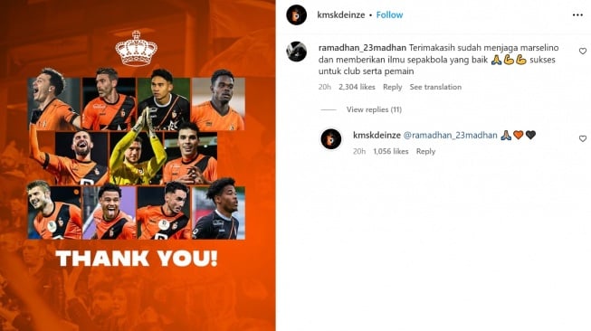 Respons KMSK Deinze usai netizen pamit karena klub melepaskan Marselino Ferdinan. (Instagram/@kmskdeinze)