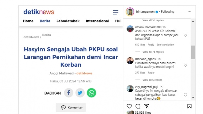 Unggahan Bintang Emon soal skandal seks Ketua KPU RI, Hasyim Asy'ari. (tangkapan layar/Instagram)