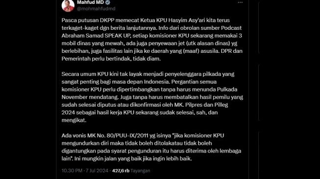 Cuitan Mahfud MD yang menyinggung soal KPU. [X]