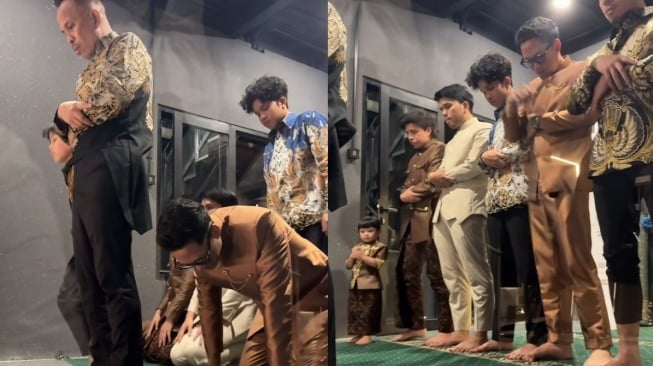 Tangkap layar momen Gen Halilintar salat berjemaah di acara tedak siten Azura (Instagram Story/genhalilintar)