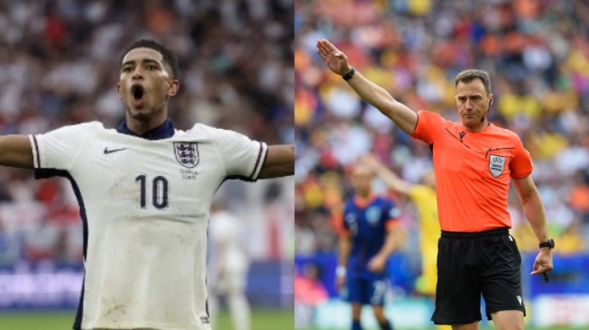 Laga Belanda vs Inggris di semifinal Euro 2024 dipimpin wasit Felix Zwayer yang merupakan musuh Jude Bellingham. (Kolase Adrian DENNIS / AFP dan X/@FootyAccums)