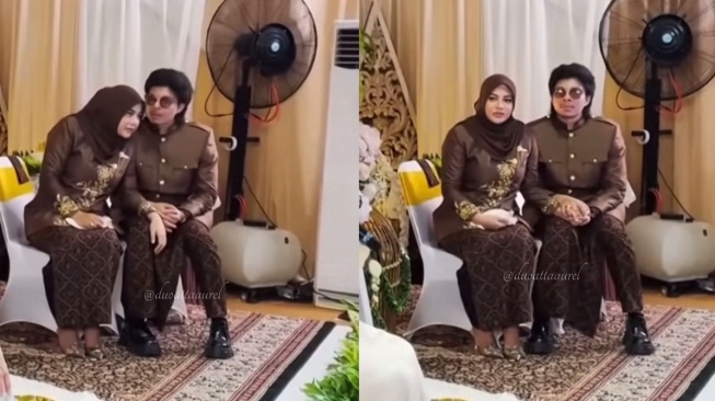 Tangkap layar momen mesra Atta Halilintar dan Aurel Hermansyah di acara tedak siten Azura (TikTok/duoattaaurel)