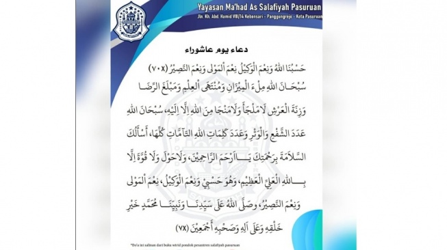 Bacaan zikir dan doa Asyura. [Instagram/PP Salafiyah Pasuruan]
