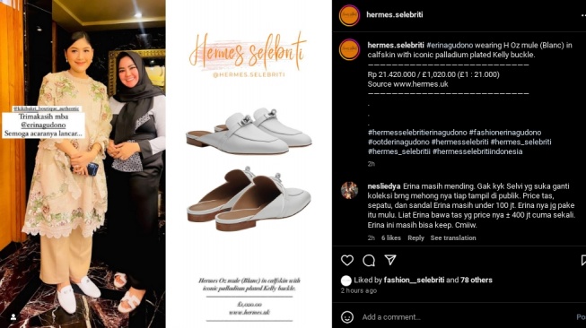 Tangkapan layar warganet membandingkan Erina Gudono dan Selvi Ananda. (Instagram/@hermes.selebriti)