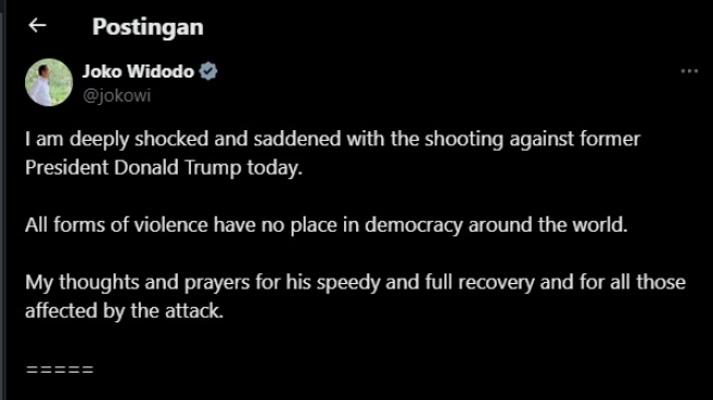 Cuitan Jokowi saat menyikapi kasus penembakan terhadap Donald Trump saat menggelar kampanye. (tangkapan layar/Twitter)