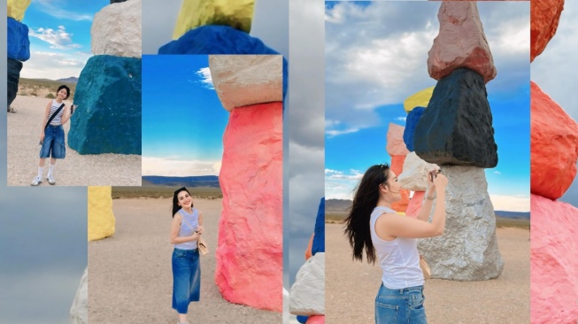 Potret Ayu Ting Ting dan Bilqis kunjungi Seven Magic Mountains di Las Vegas, Nevada, Amerika. [Instagram/@ayutingting92]