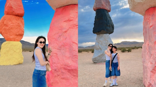 Potret Ayu Ting Ting dan Bilqis kunjungi Seven Magic Mountains di Las Vegas, Nevada, Amerika. [Instagram/@ayutingting92]