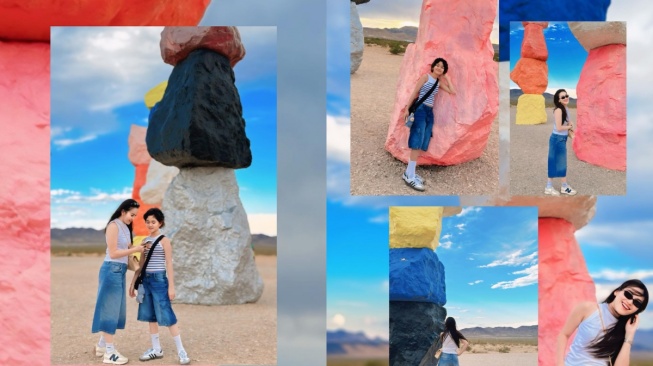 Potret Ayu Ting Ting dan Bilqis kunjungi Seven Magic Mountains di Las Vegas, Nevada, Amerika. [Instagram/@ayutingting92]