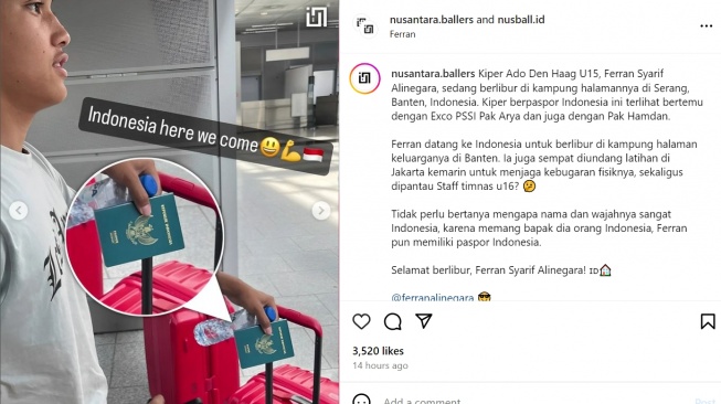 Ferran Alinegara memegan paspor Indonesia, jadi ia tidak perlu diproses naturalisasi. (Instagram/@nusantara.ballers)