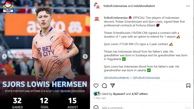 Sjors-Lowis Hermsen yang dapat kontrak profesional dari Fortuna Sittard. (Instagram/@futboll.indonesiaa)