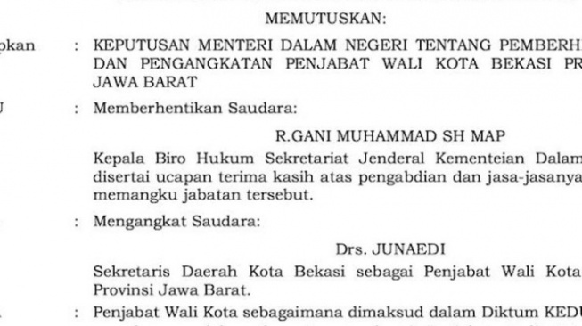 CEK FAKTA: Pj Wali Kota Bekasi Raden Gani Muhammad Diberhentikan, Benarkah?