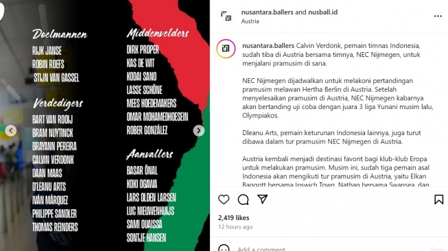 Daftar pemain yang dibawa NEC Nijmegen TC di Austria, ada Calvin Verdonk dan D'Leanu Arts. (Instagram/@nusantara.ballers)