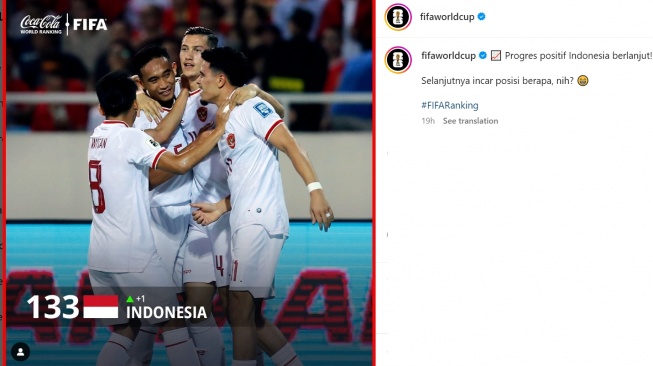 Ranking timnas Indonesia naik satu peringkat tanpa bertanding. (Instagram/@fifaworldcup)