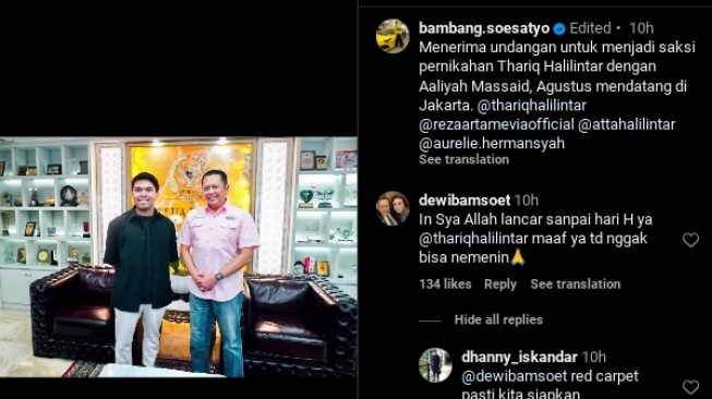 Tangkapan layar unggahan Bambang Soesatyo diundang menjadi saksi nikah Thariq Halilintar dan Aaliyah Massaid. (Instagram/@bambang.soesatyo)