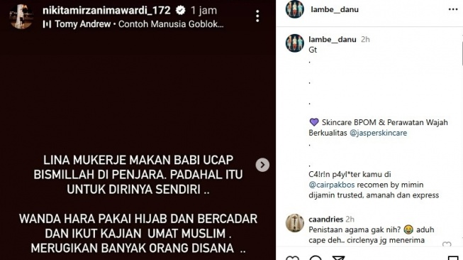 Nikita Mirzani banding-bandingkan Lina Mukherjee dan Wanda Hara (Instagram/@lambe__danu)