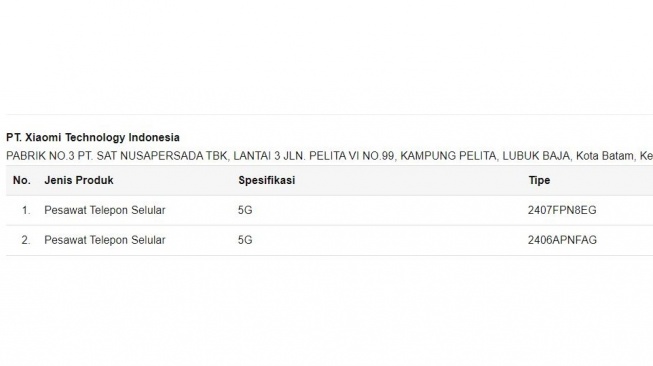 Xiaomi Indonesia mendaftarkan dua perangkat baru ke situs TKDN Kemenperin. [Kemenperin]