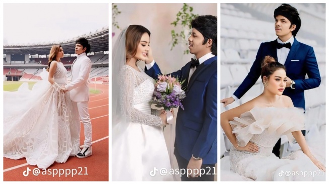 Kolase foto prewedding Aurel Hermansyah memakai gaun putih. (TikTok/@aspppp21)