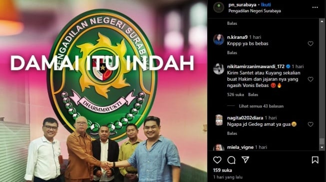 Nikita Mirzani ikut berkomentar di akun Instagram PN Surabaya. [Instagram]