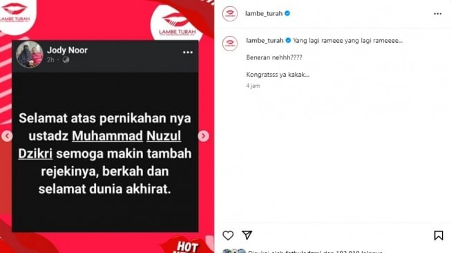 Kabar pernikahan Laudya Cynthia Bella dengan Ustaz Muhammad Nuzul Dzikri. [Instagram/@lambe_turah]