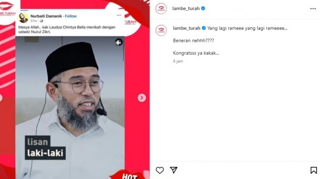 Kabar pernikahan Laudya Cynthia Bella dengan Ustaz Muhammad Nuzul Dzikri. [Instagram/@lambe_turah]