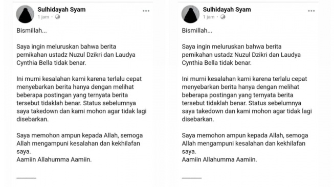 klarifikasi akun penyebar isu pernikahan Laudya Cynthia Bella dan ustaz Muhammad Nuzul Dzikri (Instagram/@kadithaayuu)