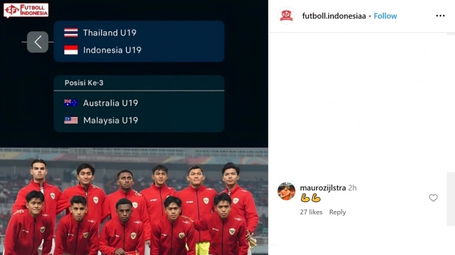 Mauro Zijlstra memberikan dukungan untuk timnas Indonesia U-19. (Instagram/futboll.indonesiaa)