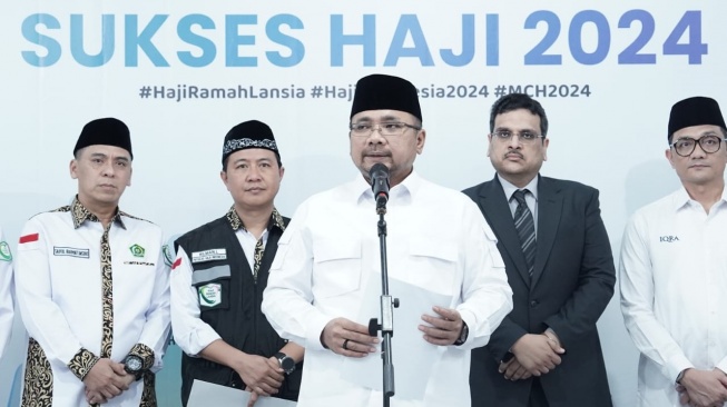 Menteri Agama Yaqut Cholil Qoumas saat menyampaikaan closing statement Sukses Haji 2024 di Asrama Haji Pondok Gede, Jakarta Timur beberapa waktu lalu. [Kemenag]