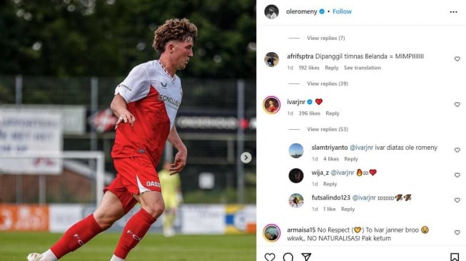 Gelandang Timnas Indonesia, Ivar Jenner membubuhkan emotikon hati di kolom komentar postingan terakhir rekannya di FC Utrecht, Ole Romeny yang diunggah sepekan lalu pada Senin (29/7/2024). [Tangkapan layar Instagram/@oleromeny]