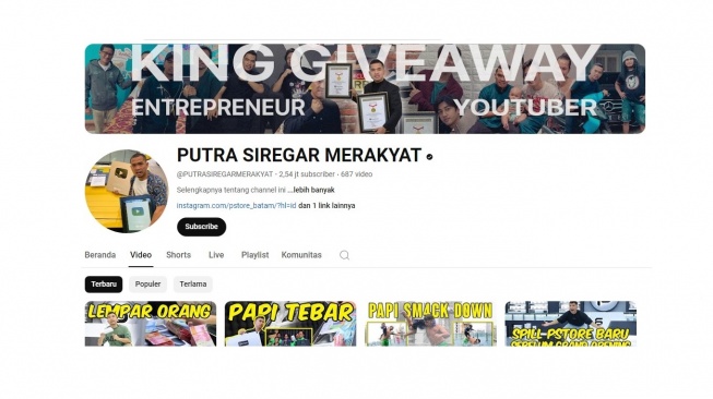 Tampilan akun YouTube Putra Siregar. [screenshot]