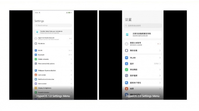 Perbandingan menu pengaturan di HyperOS 2.0. [Weibo _ via Xiaomitime]