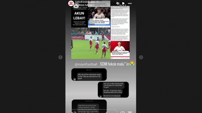 Unggahan Instagram Stories akun @futboll.indonesiaa yang mengklaim mendapat klarifikasi dari striker FC Utrecht, Ole Romeny perihal dugaan tolak jabat tangan dengan gelandang Timnas Indonesia, Ivar Jenner. [Dok. Tangkapan layar Instagram/ @futboll.indonesiaa]