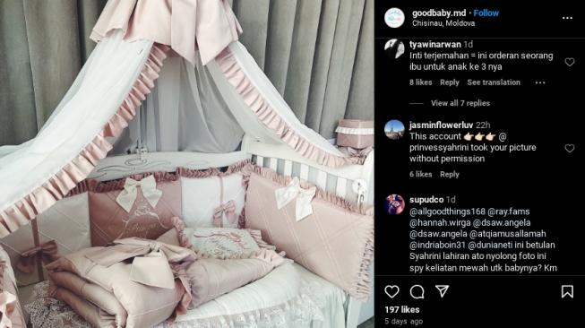 Foto diduga kamar bayi Syahrini di akun produsen luar negeri dan beberapa komentar warganet menuding Syahrini mengambil foto tanpa izin. (Instagram/@goodbaby.md)