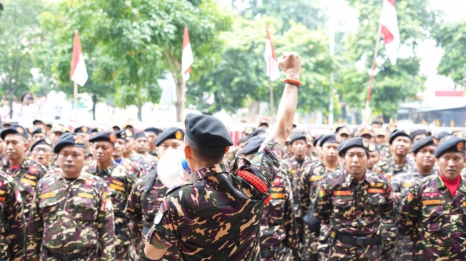 Ratusan kader Banser saat Apel Siaga Satu Komando di Gedung PBNU, Kramat Raya, Jakarta Pusat, Senin (5/8/2024). (Foto dok. PBNU)