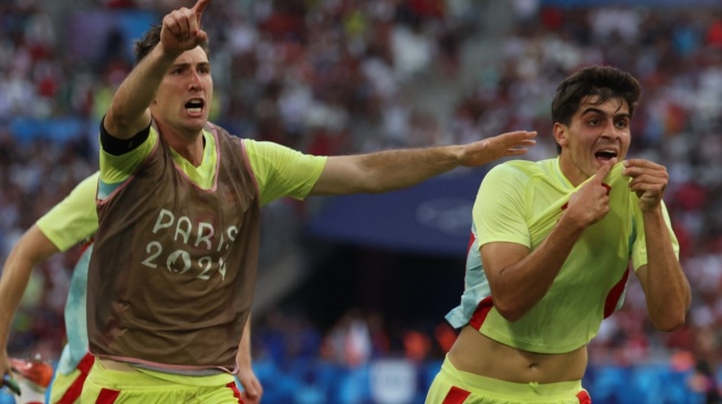 Spanyol melaju ke final Olimpiade Paris 2024 setelah di babak semifinal mengalahkan Maroko di Stadion Velodrome, Selasa (6/8) dinihari WIB [Pascal GUYOT / AFP ] 