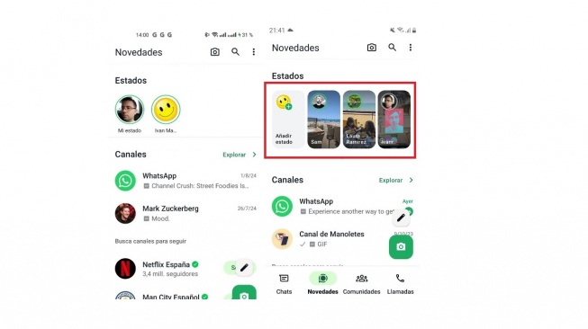 Tampilan status di WhatsApp beta. [Xatakandroid via Gizchina]