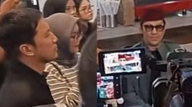 Desta mejeng bersama awak media saat konferensi pers Andre Taulany (Instagram/@pembasmi.kehaluan.reall)