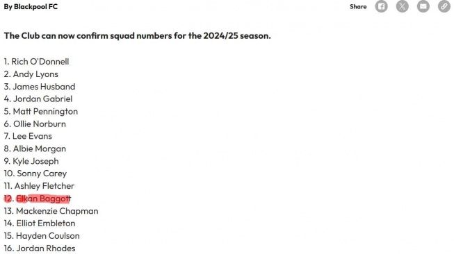 Klub League One Inggris, Blackpool FC merilis nomor punggung skuad mereka untuk musim 2024/2025. Elkan Baggott memakai nomor punggung 12. [Dok. Blackpool FC]